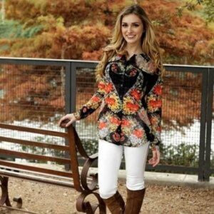 Cabi Blouse Size S Amour Semi Sheer Long Sleeve Button Down Floral Print Black